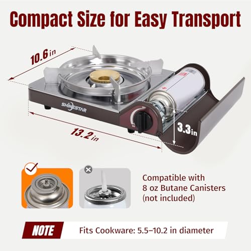 SHINESTAR 14000 BTU Butane Camping Stove, Portable Butane Stove with Brass Burner, One-Touch Piezo Ignition, Magnetic Safety Lock & Double Wind-Guard, Portable Gas Stove for Camping, RV, Emergencies - color: Brown - 14000 BTU Butane with Windscreen