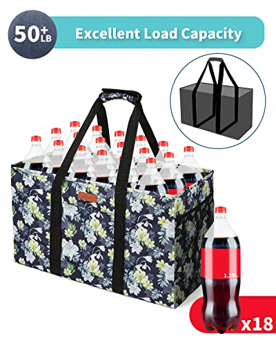 WONDAY Extra Large Reusable Grocery Bag Carrier with Handle, Thirty One Utility Tote Foldable for Shopping and Beach - color: Dark Blue Flower