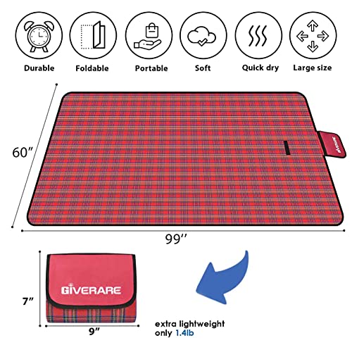GIVERARE Picnic Beach Blanket, 99x60in XL Sandfree Waterproof Outdoor Camping Blankets, Quick Drying Family Mat, Portable Extra Large Mats for Travel, Hiking, Music Festival, Lawn-Red - color: Red, size: 5' x 8'3"