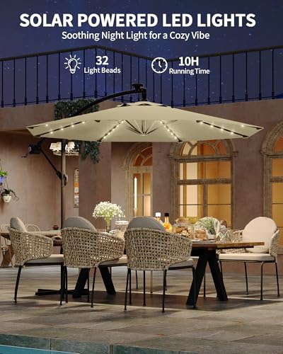 Jojoka 10FT Cantilever Patio Umbrella with Solar LED Lights - Offset Outdoor Umbrella - Easy Lift & Tilt - UV Protection - Fade Resistant - Ideal for Deck, Pool, Garden - color: Beige