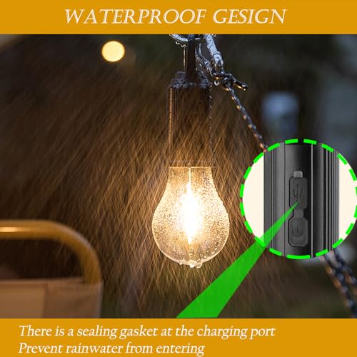 Solar Camping Lights Hanging Hooked Tent Lantern Outdoor USB Rechargeable Bulb Lamp with Clip Hook Keychain 3 Lighting Modes for Christmas Decorations Hiking Backpacking Warm Light 2 Pack