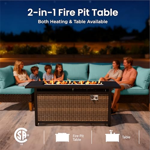 PHI VILLA 6-Piece Wicker Patio Furniture Set with Fire Pit Table, Outdoor Half-Moon Curved Sectional Sofa with Cushions, 56” Gas Fire Pit Table and Ottomans, Aqua Blue - color: Aqua Blue+fire Pit, size: 7 Seats - Curved