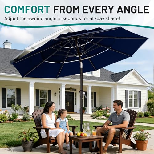 AreShark 9ft 3-Tier Patio Umbrellas, Outdoor Umbrella with 8 Sturdy Ribs UV Protection Windproof, Market Table Umbrella w/Push Button Tilt & Crank for Pool, Porch, Deck, Garden(Navy) - color: Navy