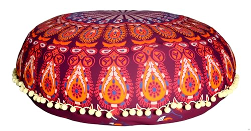 CRAFT KALA 32 Inch Meditation Floor Pillows Cover Round Pillow Cover Seating Hippie Decorative Bohemian Mandala Floor Cushion Cover Outdoor Yoga Living Room Throw Ottoman Poufs Cover (Maroon Mirchi) - color: Maroon Mirchi