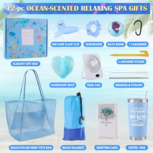 Beferr Mothers Day Beach Gifts Basket for Women, 79" X 83" Beach Blanket Waterproof Sandproof, Beach Mesh Tote Bags, Birthday Baskets for Her Wife Mom Sister Grandma Friend - color: Blue