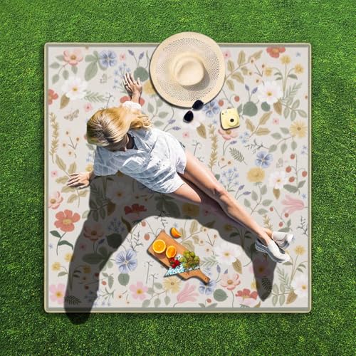 Picnic Blankets Waterproof Foldable Extra Large,80"x 80" Outdoor Beach Blanket Sandproof,3-Layer Lightweight Handy Mat Tote Picnic Camping Rugs for Outside Your Rv (Boho Strawberry Floral) - color: Picnic Blankets 11