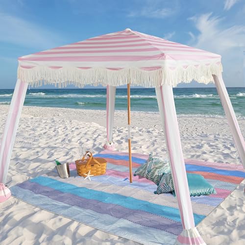 AMMSUN Beach Cabana with Beach Blanket, 7' x 7' Boho Canopy with Tassels, Premium Wood Pole, Fringe Cabana Tent with Sand Pockets, Instant Sun Shade for Sand, Garden, Outdoor, Rose Pink Stripes - color: Rose Pink Stripes with Beach Blanket