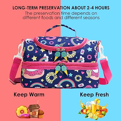 Insulated Kids Dual Compartment Lunch Bags Tote for Girls Boys Lunch Boxes Pre-School Toddler Kindergarten Picnic Camp Food Cooler Thermal with Strap - color: Blue Unicorn