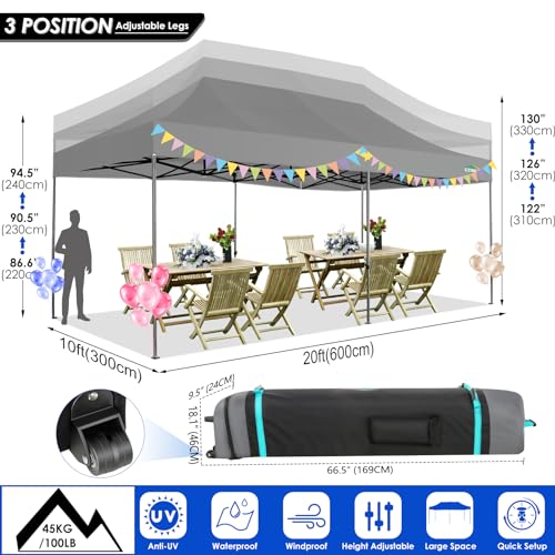 COBIZI 10x20 Canopy with Sidewalls, Heavy Duty Party Tent Pop up Canopy, Tents for Parties, Wedding, Outdoor Easy up Foldable Portable Canopy Tent with Wheeled Bag, Grey(Windproof Upgrade) - color: Gray, size: 10x20 With Sidewalls
