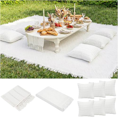 Extra Large Outdoor Boho Picnic Blanket with Table Runner and 6 Throw Pillows Covers Wedding Party Decoration Photoshoot Home Garden Party Decor Patio Lawn Outdoor Mat Beach Party theme Supplies White - color: White