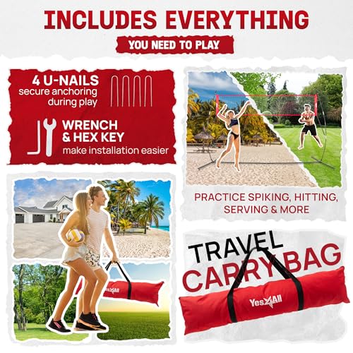 Yes4All Freestanding Volleyball Net with 5 Adjustable Heights, 12ft Portable Volleyball Net for Backyard & Beach, Special Low Middle Bar for Volleyball Outdoor Net to Reduce Tripping