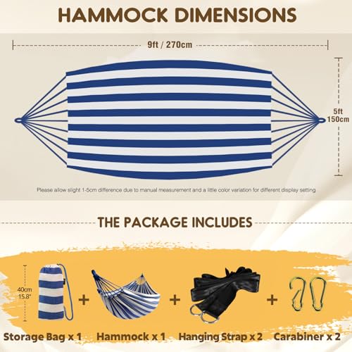 ANYOO Cotton Hammock Portable Camping Hammocks for Hanging Sturdy Garden Comfortable Fabric Hammock with Tree Straps Up to 660lbs with Travel Bag for Camping Outdoor/Indoor Patio Backyard - color: Blue/White