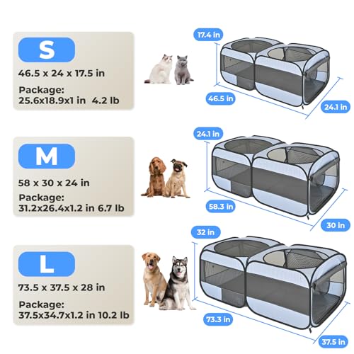 2-in-1 Dog Playpen, 73''Pop Up Cat Puppy Pet Playpen Indoor/Outdoor Cats Enclosed, Cat Dog Tent Crate Cage Kennel, Portable Playpen for Kitten, Small Animals Play Pen(No Divider, Unified Space) - color: Grey, size: L, 73.3"L x 37.5"W x 32"H