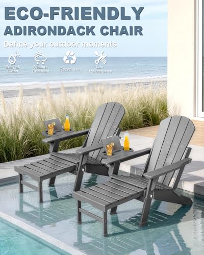 NAVINE Adjustable Adirondack Chair with Retractable Ottoman Set of 2, HDPE Folding Adirondack Chair with Cup Holder, All Weather Fire Pit Chair for Outdoor. - color: Dark Grey, size: 2 pcs