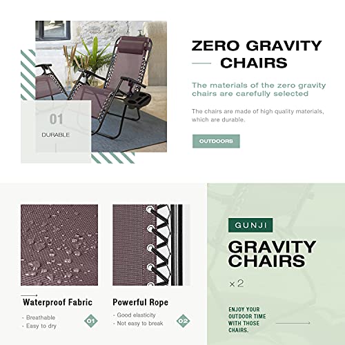 GUNJI Zero Gravity Chair Outdoor Lawn Folding Lounge Chairs Adjustable Reclining Patio Chairs Set of 2 with Cup Holder Lounge Gravity Chairs for Poolside, Backyard, Beach and Camping (Brown) - color: Brown