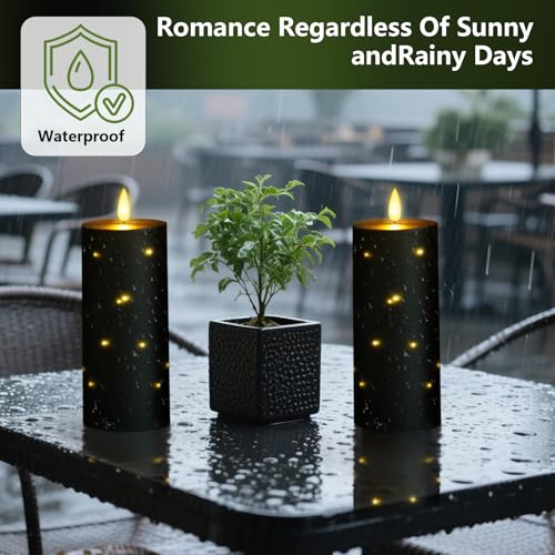 kakoya 10" x 4" Large Outdoor Waterproof Flickering Flameless Candles with Timer,4Pcs Battery Operated LED Pillar Candles with Embedded Star String for Outdoor Lanterns,Porch,Patio Decor(Black) - color: Black, size: 4PCS-D4"xH10"