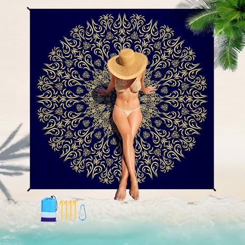 Beach Blanket Waterproof Sandproof 78''×81'' Large Suits 1-5 Adults Oversized Lightweight Picnic Mat Beach Blanket Water Resistant for Camping Hiking Travel Picnic - color: Navy Mandala, size: 78''x81''