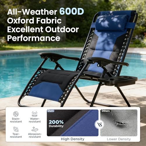 PHI VILLA Zero Gravity Chair Set of 2, Padded Anti Gravity Recliner, Oversized 28" Wide Seat, Foldable Patio Lounger with Armrest & Cup Holder, Supports 400 LBS (Blue Black) - color: Blue