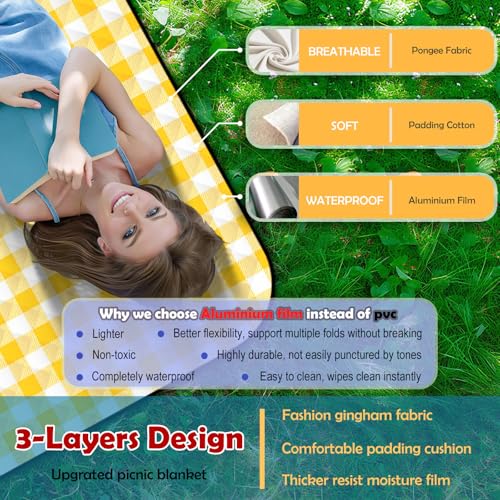 CUNCUI Large Picnic Blankets, 3 Layers Thick Soft Gingham Camping Blanket, 59X79IN Foldable Waterproof Rug, Portable Outdoor Mat for Beach Grass Hiking Park Travel, Sandproof, Machine Washable-Yellow - color: Yellow