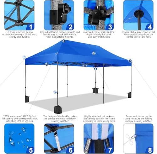 COBIZI 10x20 Heavy Duty Pop Up Canopy Tent with 6 Sidewalls Thicken Frame, Commercial Easy Up Outdoor Wedding Party Tents, All Season Waterproof Windproof with Stakes Sandbags Ropes Roller Bag, Denim - color: Denim, size: 10x20