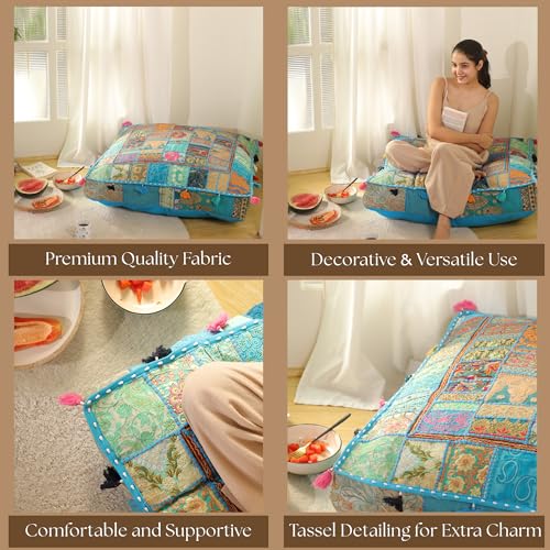 THE ART BOX 35" X 35" Large Boxed Shaped Premium Hypoallergenic Square Stuffer Best for Meditation Floor Pillow Cover, Mandala Ottoman Cushion, Dog Beds, Lounger, Pet Beds - color: Turquoise