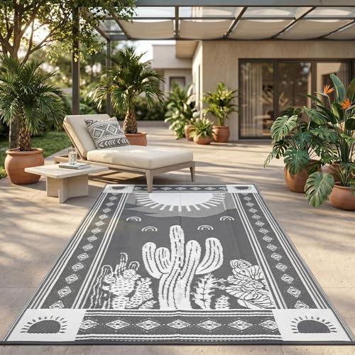 Garvee Waterproof Outdoor Rug 5x8, Cactus Botanical Outdoor Plastic Straw Rug for Camping, Reversible RV Mat Outside, Indoor Outdoor Carpet for Porch, Deck, Backyard, Balcony, Picnic, Grey - color: Grey & White-cactus, size: 5' x 8' (Rectangular)