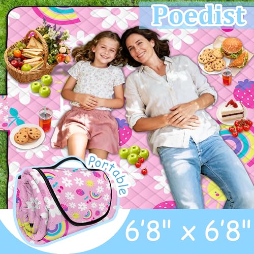 Extra Large Picnic Blanket Waterproof,80"x 80"Foldable Machine Washable Beach Blankets,Outdoor Blanket for 6-8 Adults, Picnic Mat Suitable for Indoor Crawling,Park Beach,Camping,Hiking, Travel(Pink) - color: Pink Cute, size: 6'8" x 6'8" (Square)
