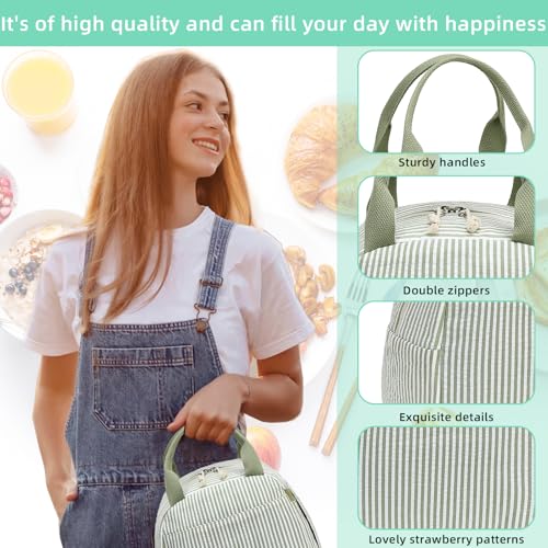 LEDAOU Lunch Box for Women Insulated Lunch Bag Lunch Tote Bags Leakproof Cooler Lunch Case for Travel Work Picnic - color: Green White Stripe