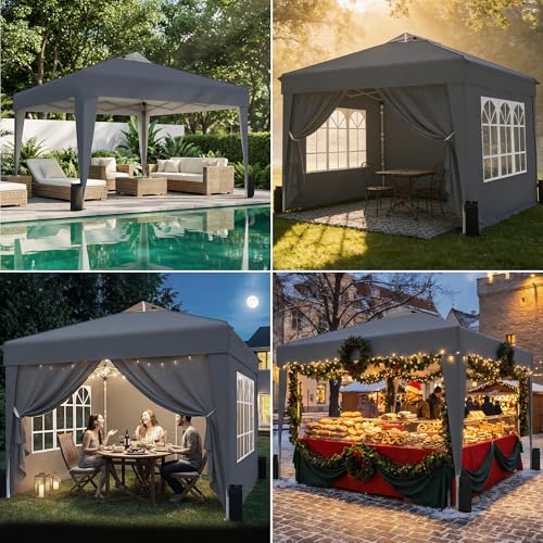 SANWAY 10x10 Pop Up Canopy Tent with Sidewalls x 4 – Easy Setup Canopy Tent, Waterproof, UV-Resistant, Portable with Carry Bag for Outdoor Events, Camping, and Backyard Parties – Dark Gray - color: Dark Gray