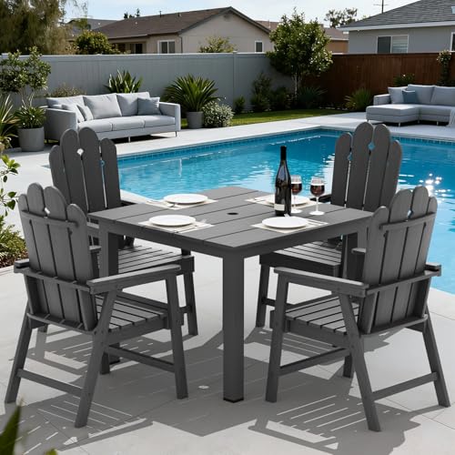 5-Piece Patio Dining Set, Outdoor Dining Set for 4, HDPE All-Weather Outdoor Furniture with 35.43” Umbrella Hole Table, 4 Armchairs, Gray - color: Grey, size: 4 Armchairs