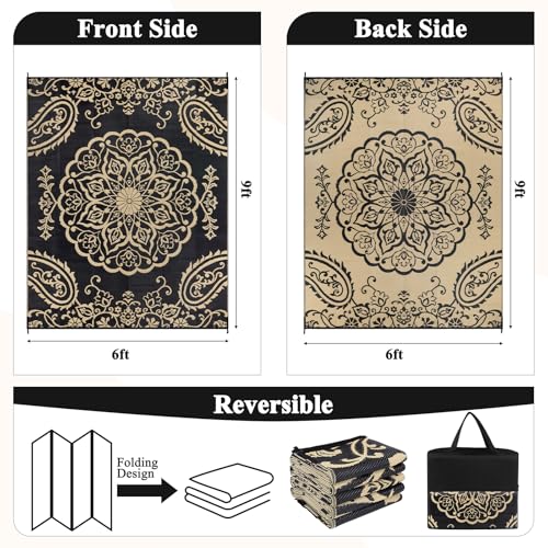 Pauwer Waterproof Outdoor Rug 6x9, Reversible Plastic Straw Patio Camping Rug, Indoor Outdoor RV Mat Carpet for Deck, Camper, Porch, Balcony, Backyard, Picnic, Boho Black Brown - color: Boho Black Brown, size: 6' x 9' (Rectangular)
