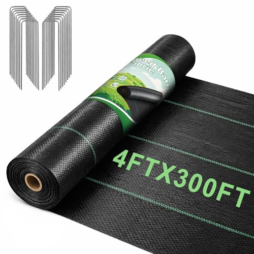 FEED GARDEN 4FT x 300FT Landscape Fabric Weed Barrier Fabric, Heavy Duty 3.2oz Weed Control Mat, Weed Blocker Ground Cover Geotextile Fabric for Gardening, with 20 U-Shaped Stakes - size: 4FT x 300FT