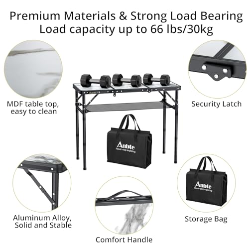Anbte Folding Camping Table, Aluminum Small Folding Table 3 Adjustable Height Max 27.5", Portable Table with Carry Handle, Lightweight, for Outdoor Indoor Travel Camping Picnic BBQ, 34.6" x 15.7" - color: White Marble Pattern