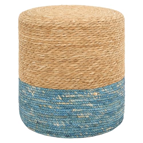 16'' Round Ottoman Natural Seagrass Braided Poof Hand Weaving Round Ottomans Boho Footrest Stool for Home Living Room Bedroom Patio(Natural&Blue) - color: Natural&blue