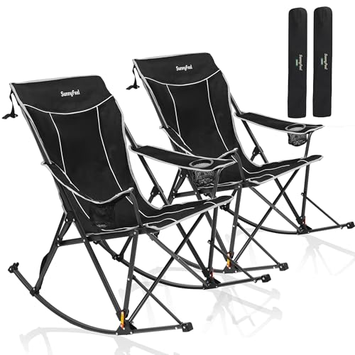 SUNNYFEEL Oversized Folding Rocking Camping Chair with Buckle Design 2 Pcak Outdoor Rocker High Back Lawn Camp Rocker Chair with Cup Holder 500 LBS for Outdoor/Camping/Lounge/Patio with Carry Bag - color: Black, size: 2 Pc
