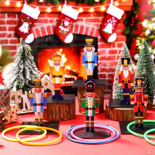 Jenaai 32 Pcs Christmas Wooden Nutcrackers Ring Toss Game, Christmas Ring Toss Game Set for Family Indoor Outdoor Play Xmas Party Supplies Decoration - style: Nutcracker