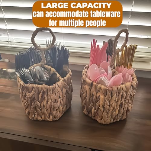 Hiceeden 2 Pack Woven Silverware Caddy with Handle, Natural Water Hyacinth Flatware Holder Organizer with 3 Compartments, Wicker Utensil Basket Cutlery for Kitchen Countertop, Picnic, Party, Hexagon