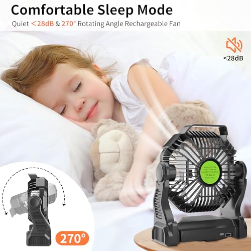 Rechargeable Portable Camping Fan for Tent with LED Light, 270°Pivot USB Personal Battery Powered Fan Outdoor Camping Essentials Battery Operated Portable for Travel X23 Black - color: Black