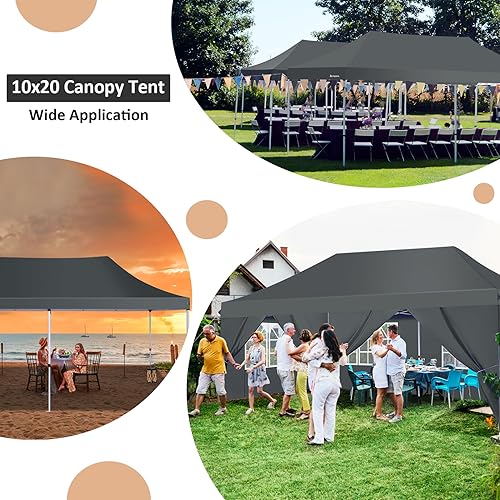 COBIZI 10x20 Pop Up Canopy with 6 Sidewalls, Conical Party Tent 10x20 with 3 Adjustable Height Waterproof, UV-Resistant with Carry Bag, Sandbag, Stake, Ropes for Parties, Commercial (Frame Upgraded) - color: Gray, size: 10x20FT