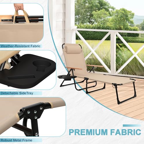 Outdoor Chaise Lounge Chair with 4-Position Adjustable Backrest, Patio Folding Sun Tanning Chair, Pillow & Cup Holder, Portable Recliner Sunbathing Lounger Chairs for Pool Beach Lawn Garden (Beige) - color: Beige