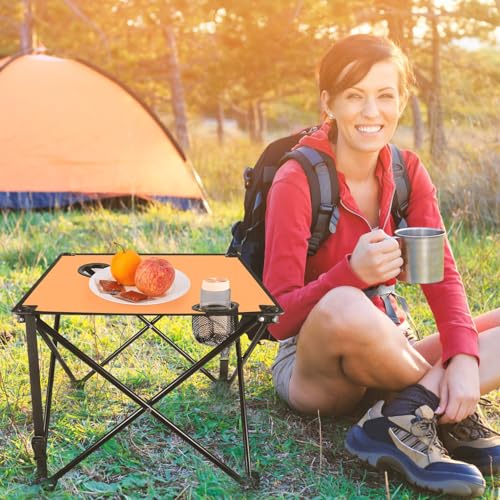 KOCASO 1Pc Foldable Camping Table Portable Picnic Table Lightweight Travel Desk with 2 Cup Holders Carrying Bag - color: Orange