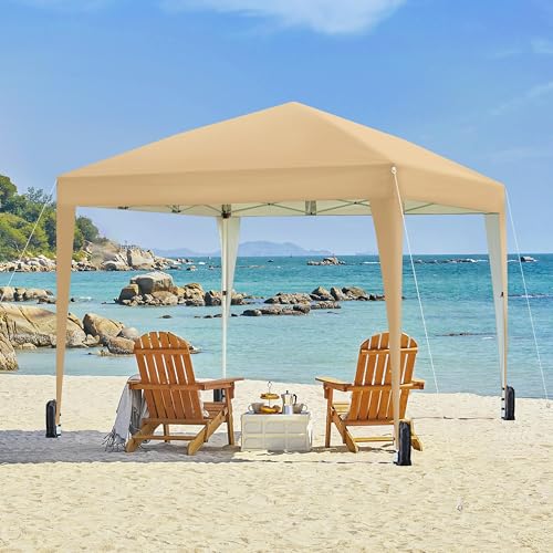 Yaheetech 10x10 Pop Up Canopy with 4 Removable Sidewalls, Portable Enclosed Instant Tent, Waterproof Outdoor Tent, Beach Sun Shelter with 4 Sandbags, 12 Stakes & 4 Ropes, Khaki - color: Khaki, size: 10x10