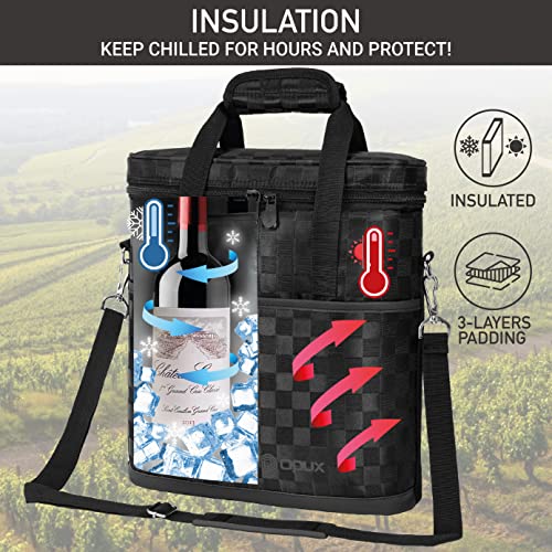 Opux 3 Bottle Wine Carrier Tote, Insulated Leakproof Cooler Bag for Picnic, BYOB Beach, Portable Wine Bottle Case - color: Black Square