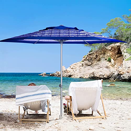 AMMSUN 8ft Large Beach Umbrellas for Sand Heavy Huty Wind Portable Commercial Grade Patio Beach Umbrella with Sand Anchor Adjustable Height Air Vent UPF 50+ Telescoping Pole without tilt Blue White - color: Blue White Stripe