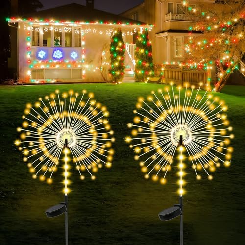 2 Pack 250LED Solar Garden Lights Outdoor, Dual Lighting Modes Firework Lights Solar Powered, Waterproof Twinkle Fairy Light Outside for Yard Patio Pathway Christmas Party Decorative（Warm White） - color: Warm White 02