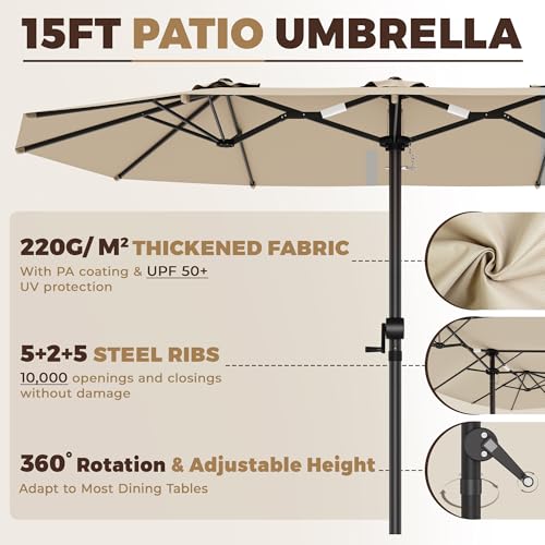 GDPFN 15FT Large Patio Umbrella, Outdoor Deck Standing Umbrella with Crank Handle, Double-Side Rectangular Pool Umbrella for Outside, Market, Patio, Beige (Base Not Include) - color: Beige, size: No Base&led