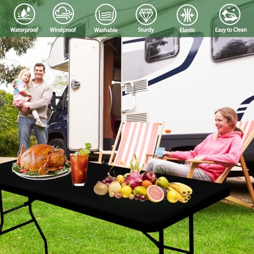 4 Pack Picnic Table Cover Fitted Elastic Tablecloth for 6 Foot Rectangle Tables Waterproof Stretch Washable Folding Indoor and Outdoor Spandex Table Cloth for Parties Camping (Black,30" x 72") - color: Black, size: 30"x72" (Pack of 4)
