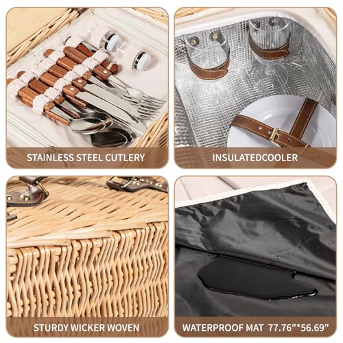 Multifunctional Wicker Picnic Basket Set for 4 Blanket Family Folding Wine Table,Insulated Portable Extra Big Storage Capacity Natural Woven Rattan Canasta De Full Tablewares Camping Outdoor Flowers - color: Nature