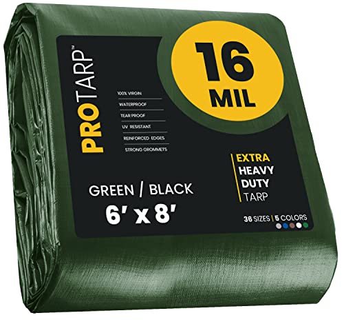 Extra Heavy Duty 16 Mil Tarp Cover, Waterproof, UV Resistant, Rip and Tear Proof, Poly Tarpaulin with Reinforced Edges for Roof, Camping, Patio, Pool, Boat. (Green/Black 6′ X 8′) - color: Green/Black-16 Mil, size: 6′ X 8′