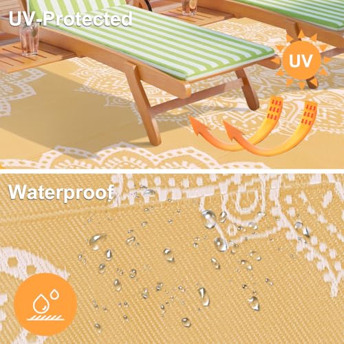 Yamaziot Waterproof Outdoor Rug 6x9 ft, Reversible Plastic Straw Rug for Patio Clearance, Camping, RV Mat, Large Outside Rug Carpet for Porch, Deck, Backyard, Balcony, Picnic, Yellow - color: Yellow, size: 6' x9'